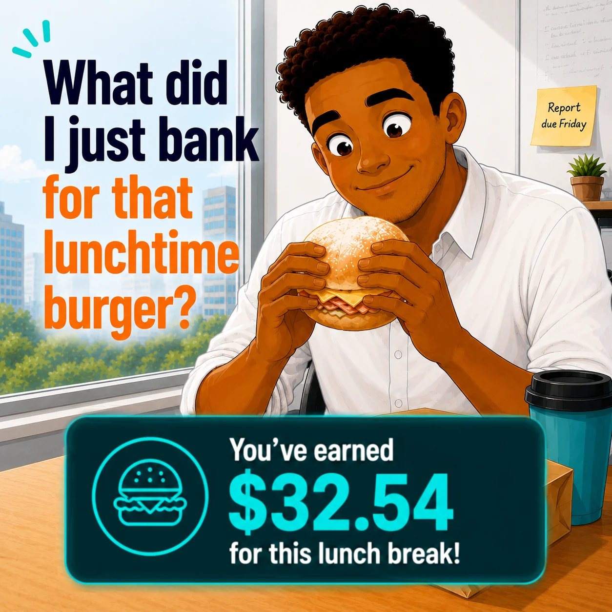 Illustrated character eating a burger at their desk, with a Clocked Up notification showing lunch break earnings